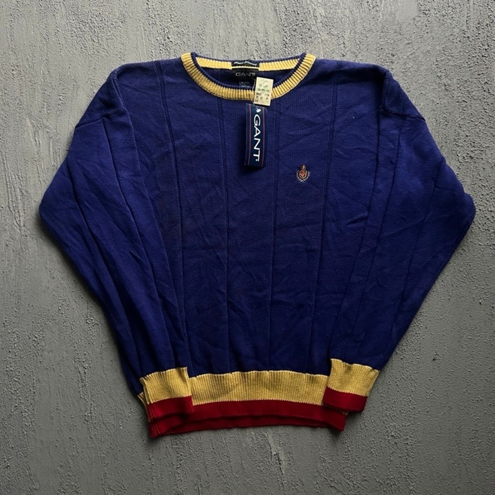 Vintage Gant Sweater Large Blue 90s Crest Logo Ribbed Cotton Pullover Deadstock